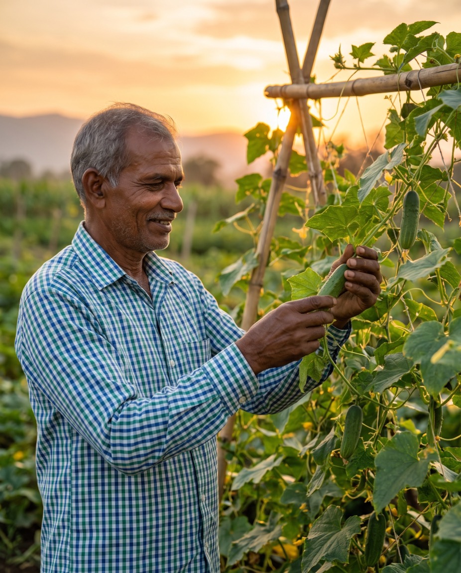 Trellised gherkin fields grown for Vishaal Natural near Bengaluru